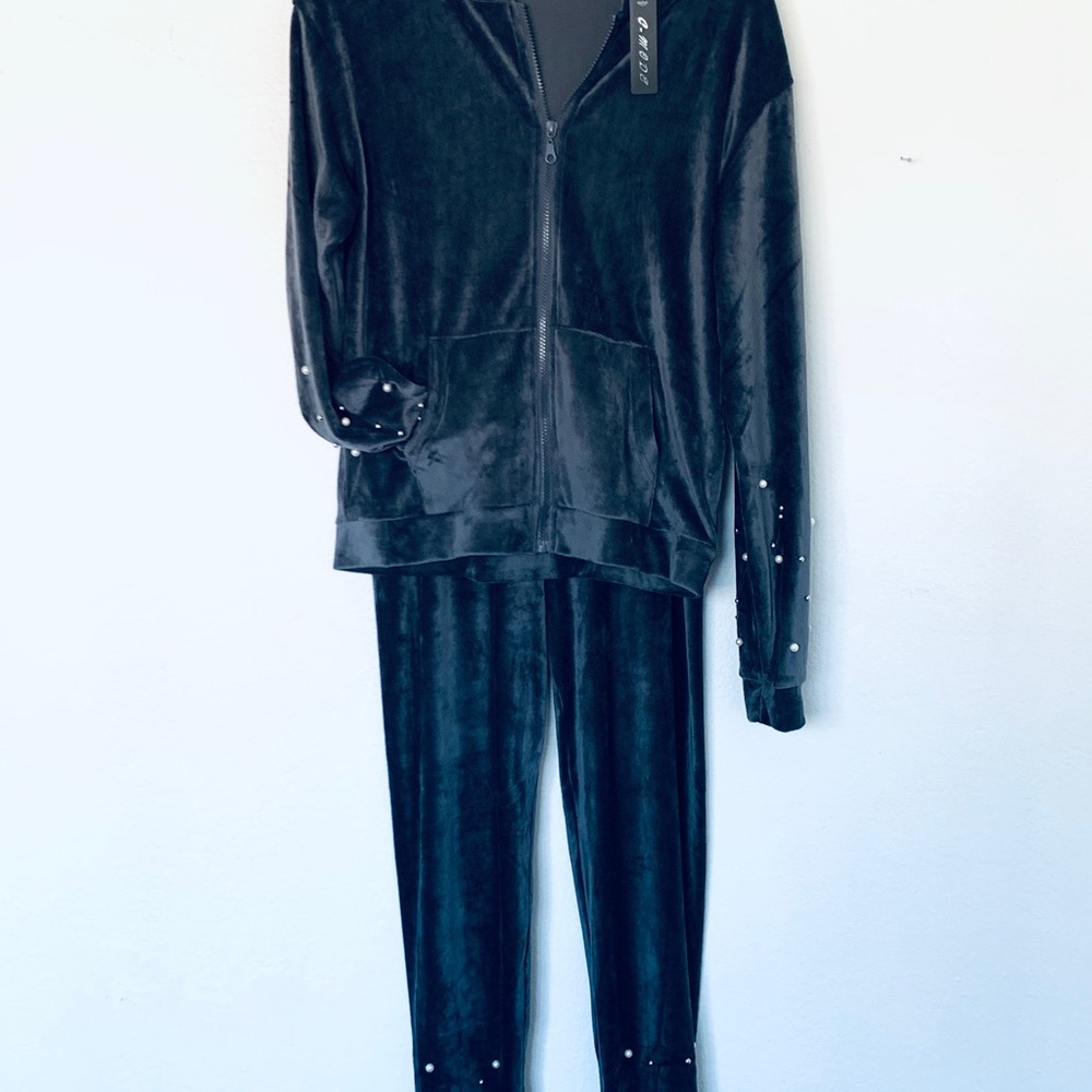 Velour Jacket & Velour Legging Set With Pearls